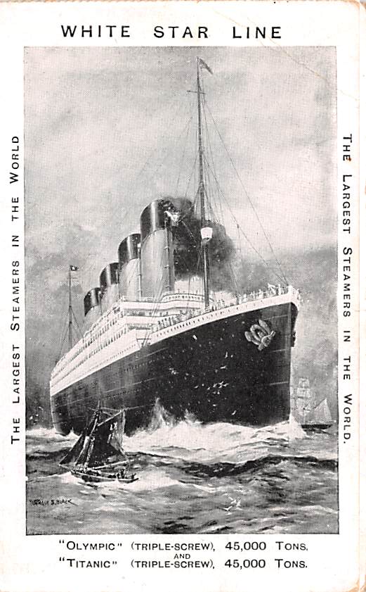 White Star Line postcard promoting Olympic and Titanic as the largest steamers in the world