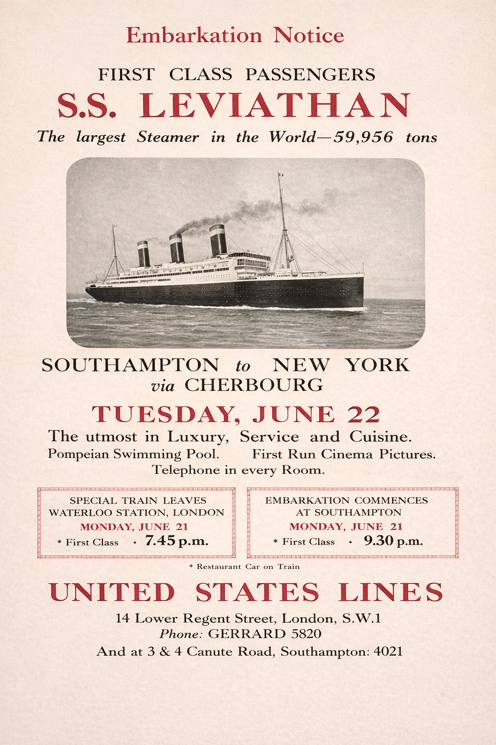 Embarkation notice for first class passengers aboard SS Leviathan from Southampton to New York via Cherbourg.
