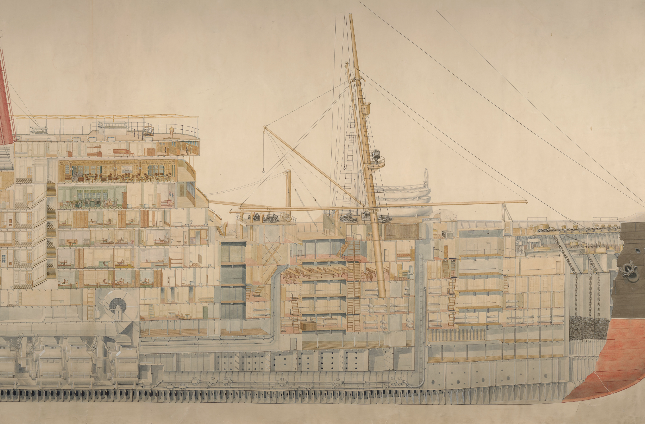 Forward sectional drawing of SS Leviathan showing interior decks, bow structure, and machinery spaces