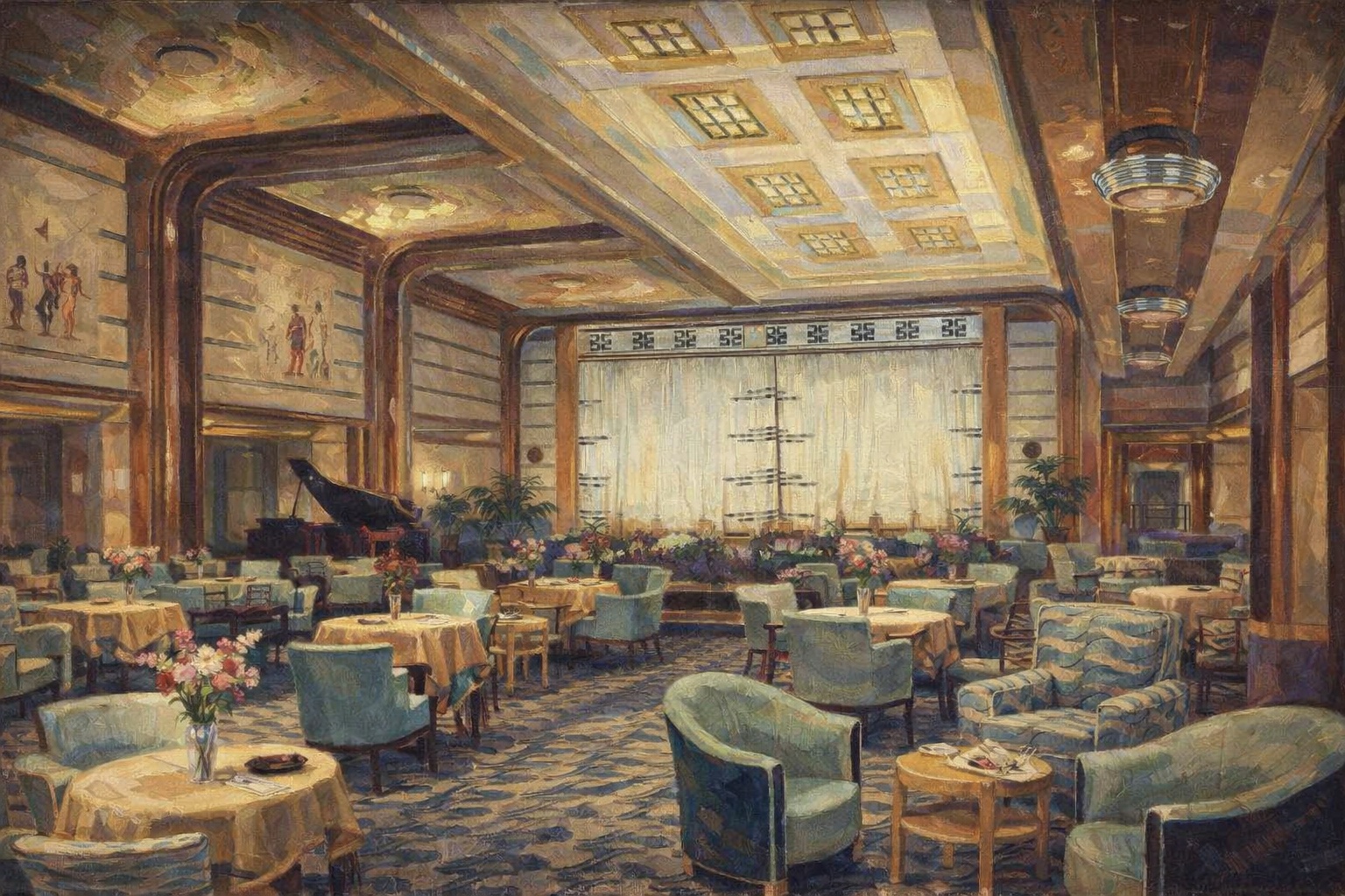 Cabin-class or tourist-class public room aboard RMS Queen Mary