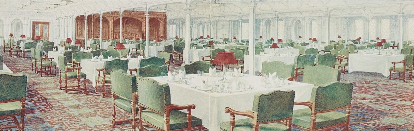 First-class dining saloon aboard Titanic or a historically grounded reconstruction