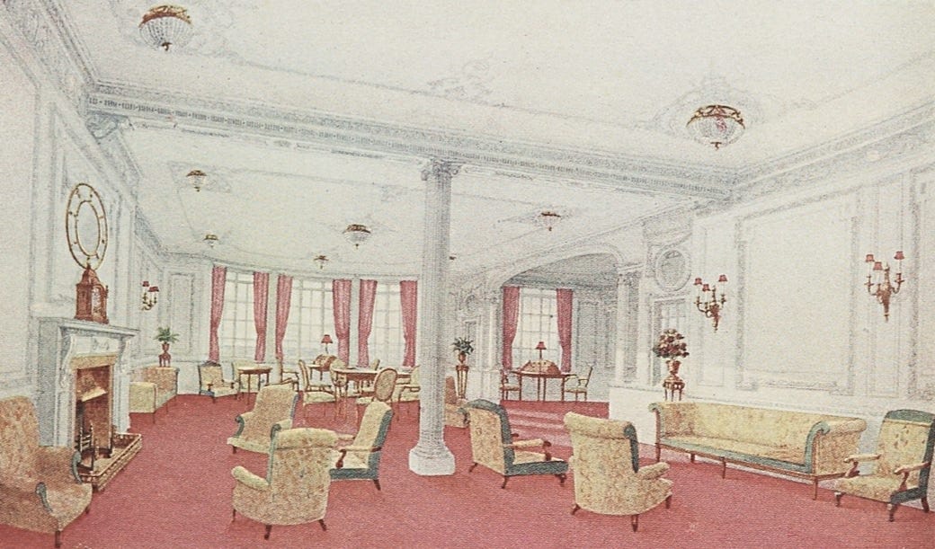 First-class reading and writing room aboard Titanic or a historically grounded reconstruction