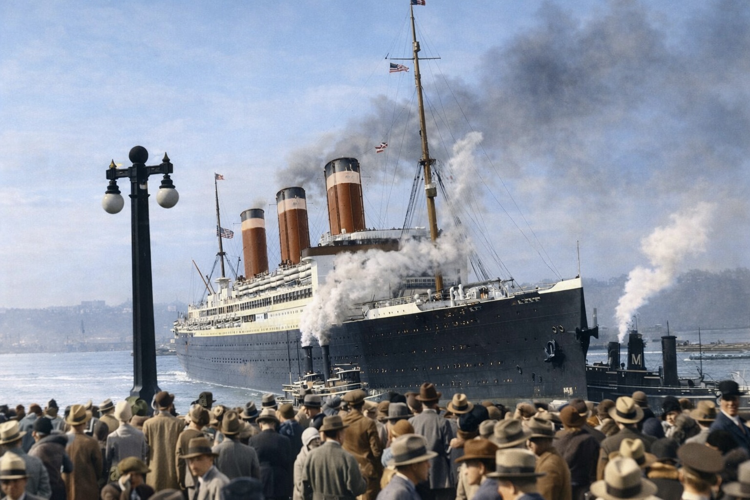 image for SS Leviathan approaching port at the end of a voyage.