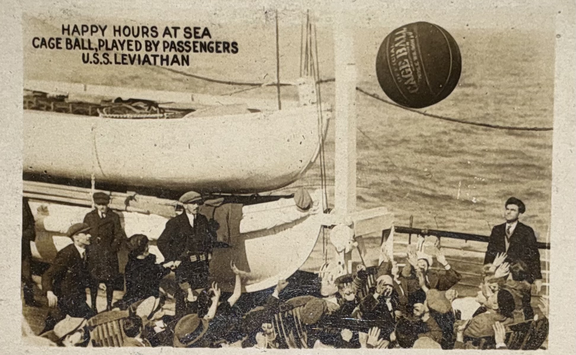 Passengers playing cage ball on deck, captioned Happy Hours at Sea.