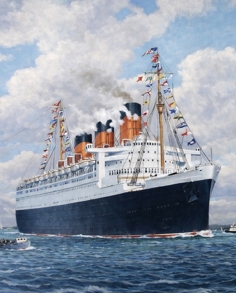 Embarkation material or terminal scene associated with RMS Queen Mary.