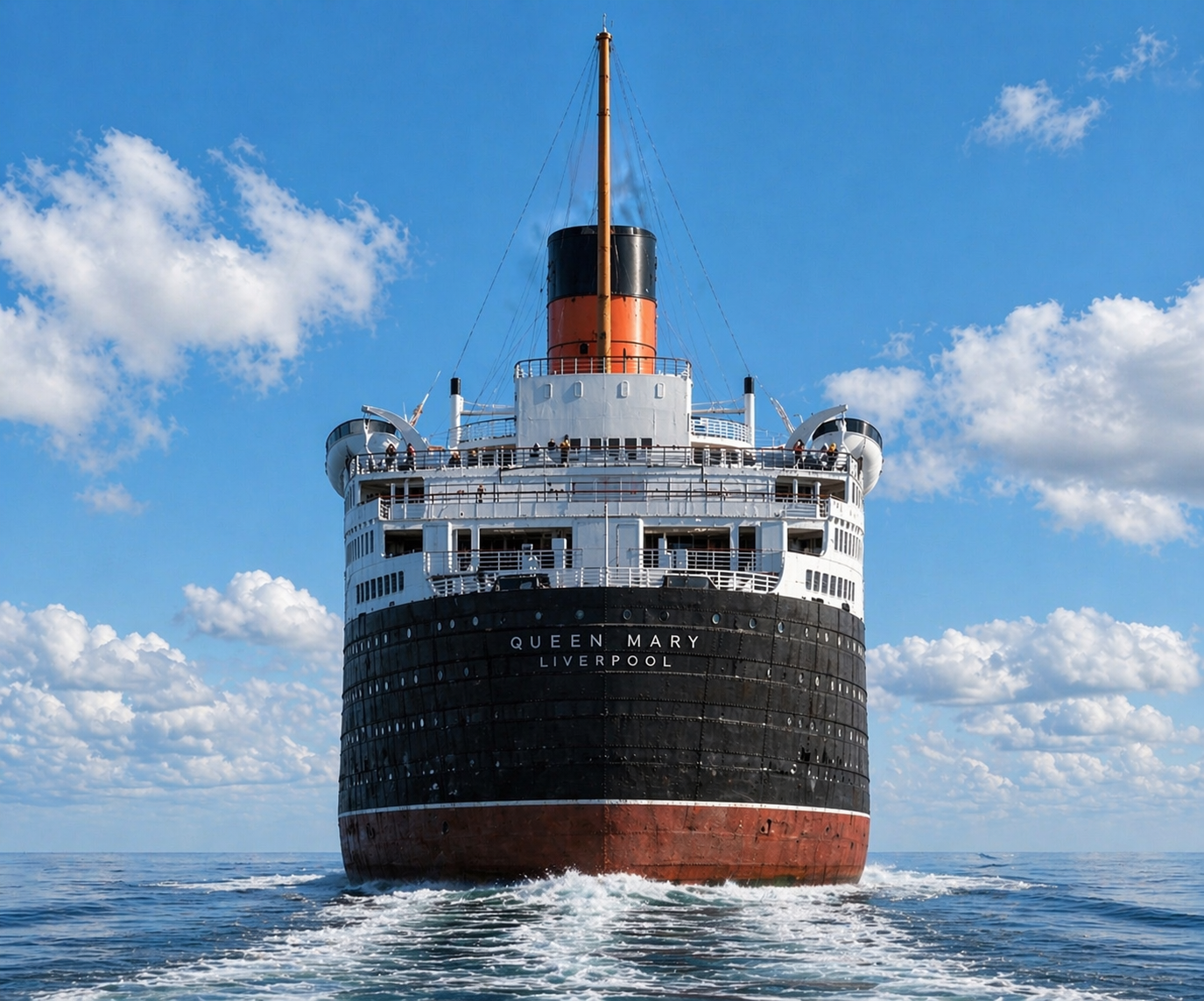RMS Queen Mary nearing port at the close of a transatlantic voyage.