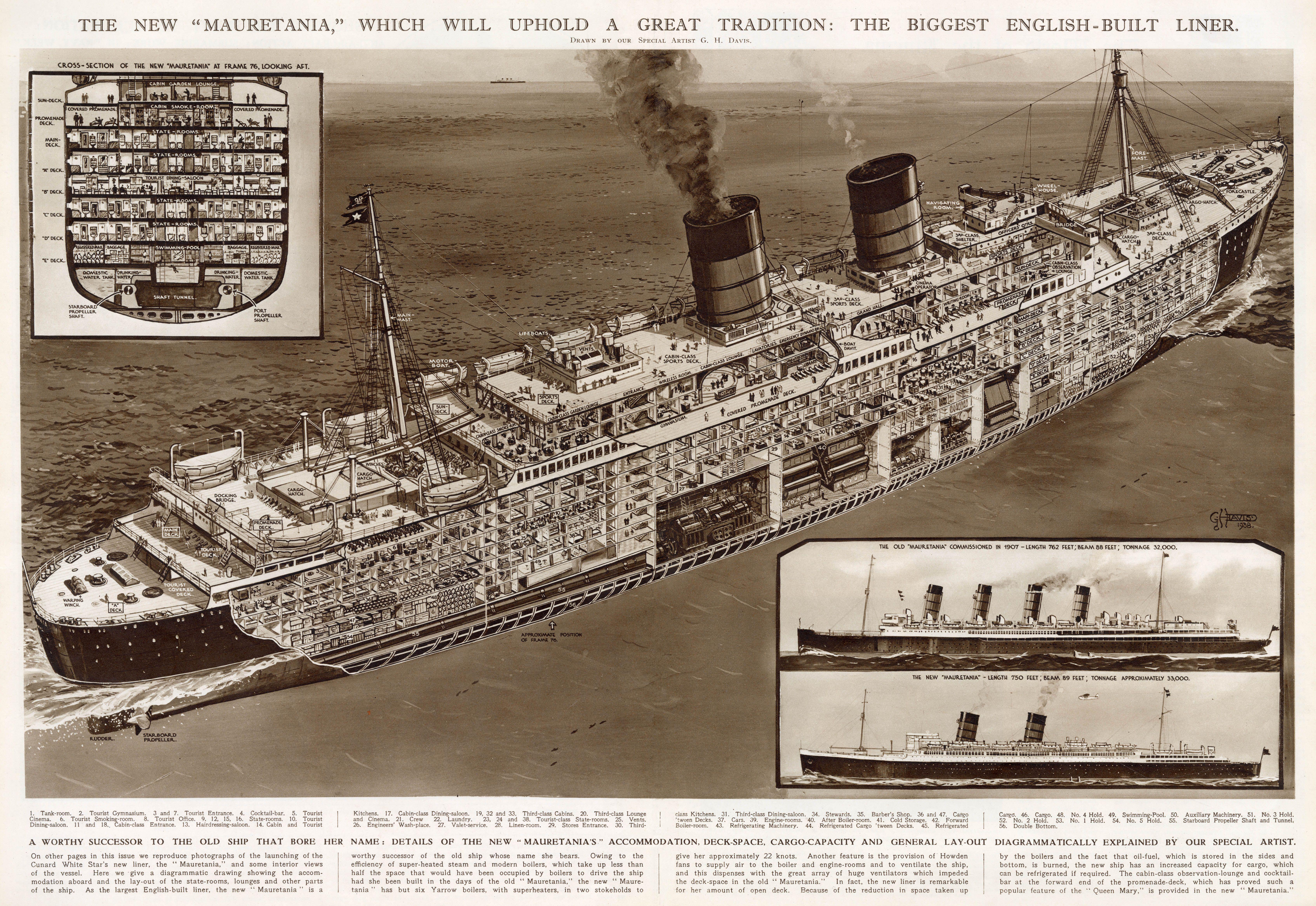 Cut-away or general arrangement illustration of RMS Mauretania II