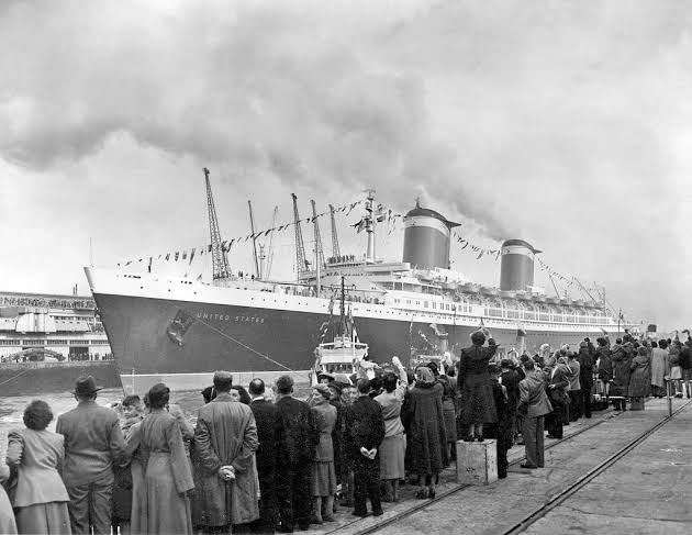 Embarkation or pier scene associated with SS United States.