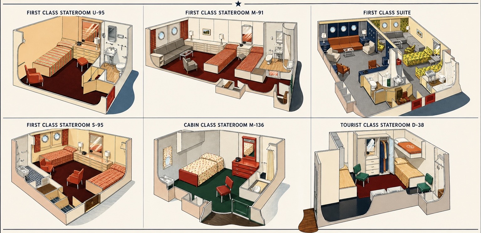 Illustrated selection of passenger cabins aboard SS United States, including first class, cabin class, and tourist class staterooms